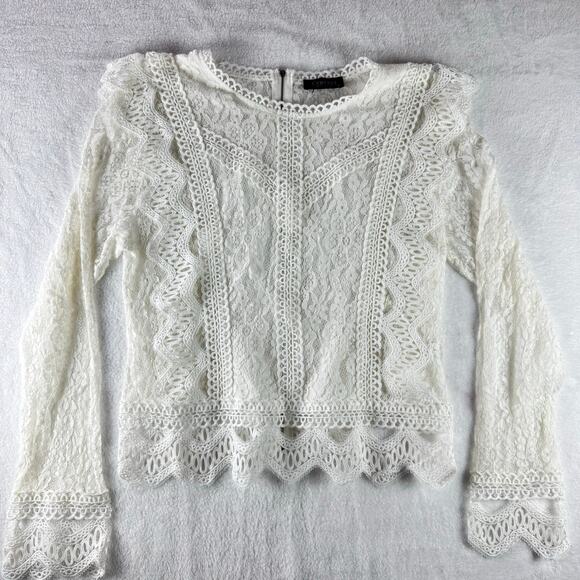 Camisa Tops - Camisa White Lace Crochet Long Sleeve Blouse Women XL Boho Cottagecore Sheer Top